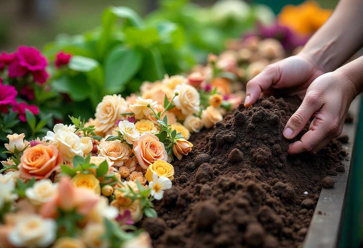 The closed-loop composting system in action, showing floral waste being transformed into nutrient-rich compost